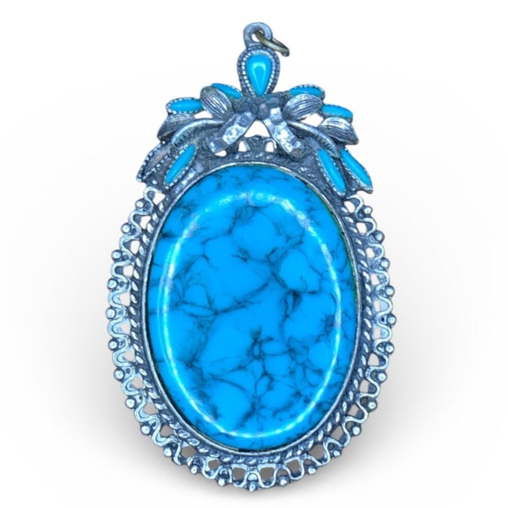 Vintage Native American Stamped Pendant - Silver and Faux Turquoise